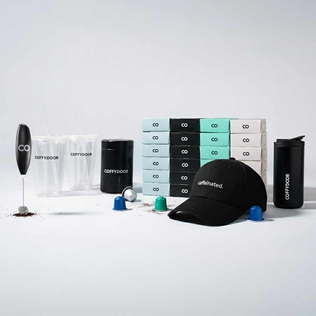 Bundle Box 250 Capsules + Coffybox + Thermos Mug + 2x Take Away Cups + Milk Frother + Caffeinated Cap + Ebook